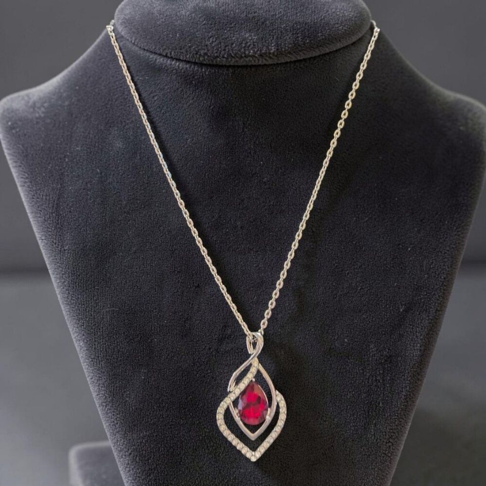 Red Teardrop Rhinestone Pendant Necklace, Silver Tone Crystal Statement Jewelry